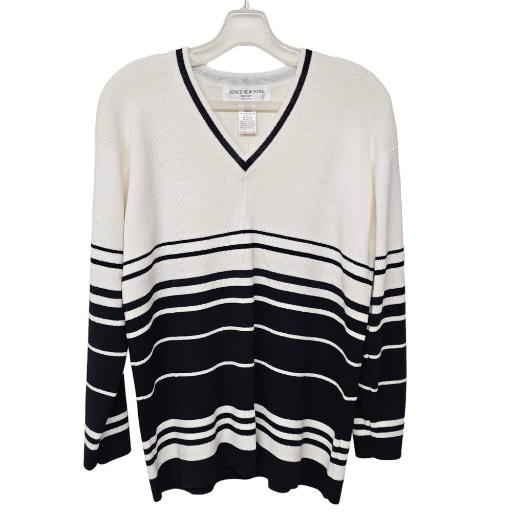 Jones New York Sport Acrylic Sweater Womens Petite P Black White Striped V-Neck